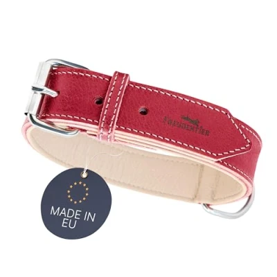 Imagen de FREUDENTIER® Collar para Perro de Piel, Forrado y cómodo, Ancho Piel Grano Completo, colección Amstelpark en Rojo Picante (47 57 cm Circunferencia del Cuello, Rojo)
