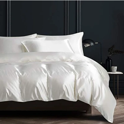 Imagen de Damier Juego de cama 135 x 200 cm, color blanco, satén, lujo, calidad hotel, funda edredón y 1 almohada 80 con cremallera