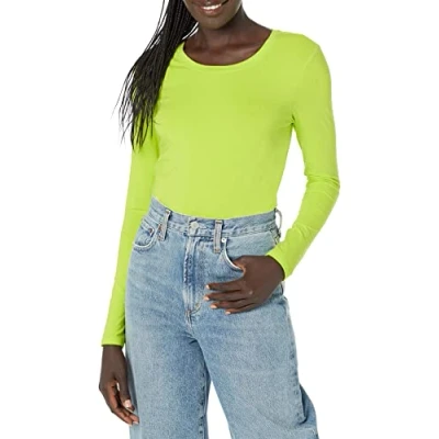 Imagen de Amazon Essentials Camiseta de Cuello Caja, Manga Larga y Ajuste Clásico (Disponible en Tallas Grandes) Mujer, Verde Lima, XS