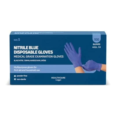 Imagen de Amazon Basic Care Guantes desechables de nitrilo azul, Sin empolvar, Talla S, 100 Unidad (Anteriormente Marca Hevea)