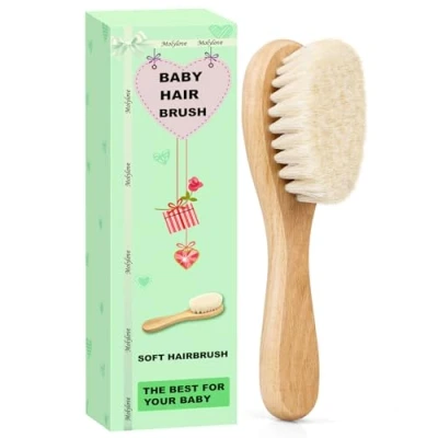 Imagen de Molylove Cepillo para el cabello del bebé con mango de madera y cerdas cabra súper suaves recién nacidos niños pequeños