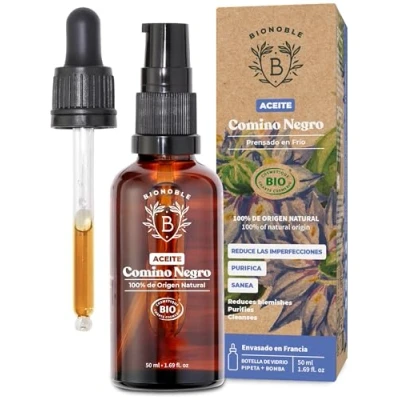 Imagen de Bionoble Aceite de Comino Negro Orgánico 50ml Botella Vidrio + Pipeta Bomba 100% Puro y Prensado en Frío Organic Black Seed Oil Vegetal Nigella Sativa
