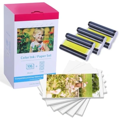 Imagen de Compatible para Canon Selphy CP1300 Papel y Tinta, Reemplazo KP 108IN 3115B001(AA) CP1500 CP1200 CP1000 CP910, 3 Cartuchos 108 hojas de Fotográfico (100 x 148 mm)