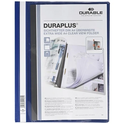 Imagen de Durable 257907 Carpeta de fástener con cubierta transparente y tapa posterior color Duraplus para A4, azul oscuro, paquete 25