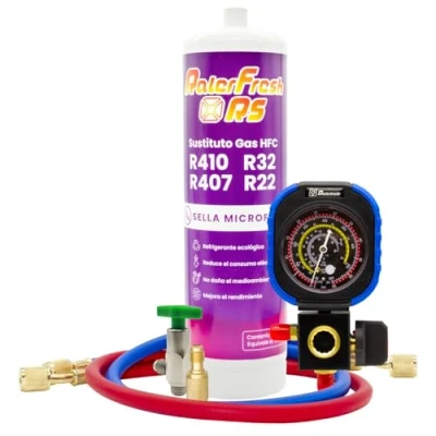 Imagen de Gas Refrigerante Orgánico para Aire Acondicionado Split Ralerfresh RS equivalente a 950gr sustituto de gases R410, R32, R407 y R22 (Botella + manómetro mangueras adaptador)