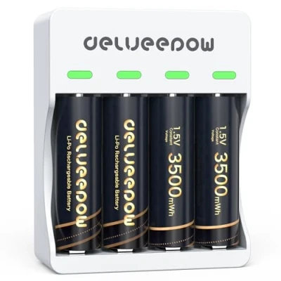 Imagen de Delyeepow Pilas AA Recargables de 1,5 V Litio, 3400 mWh, 4 Unidades con Cargador 1500 ciclos