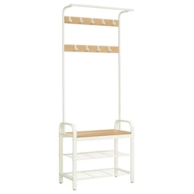 Imagen de VASAGLE Perchero para Ropa, Vestuario, Mueble de Entrada con Estante Zapatos, 3 Niveles, Ganchos extraíbles, Altura 183 cm, Marco Metal, Color Madera y Crema HSR40W