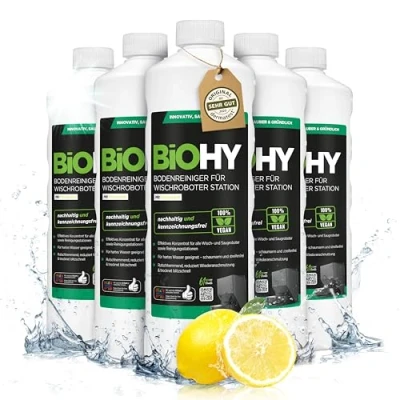 Imagen de BiOHY Limpiador de suelos para robot fregado con aroma fresco (6 x 1 litro) Detergente concentrado todos los robots limpieza y aspiración función húmeda, sin espuma rayas,