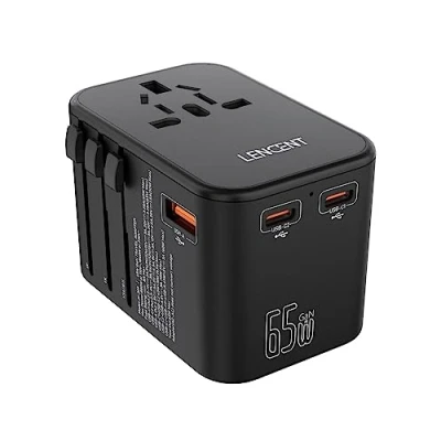 Imagen de LENCENT Adaptador Enchufe Universal GAN III 65W, Cargador Internacional con 1 USB y 2 C PD Carga Rápida, de Viaje para Teléfono Móvil, Tabletas, Portátiles, USA/UK/EU/AUS, Tipo A/C/G/I