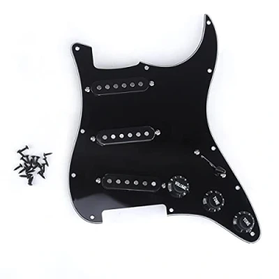Imagen de Musiclily Basic SSS Loaded Prewired Pickguard Golpeador Precableado Set con Alnico 5 Pastillas Single Coil para USA/Mexico Fender Strat Guitarra Eléctrica,3 capas Negro