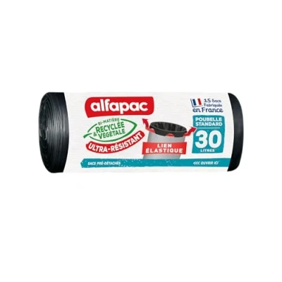 Imagen de Alfapac 15 bolsas de basura 30L con lazo elástico ultrarresistente fabricadas en Francia Bimaterial reciclado y vegetal