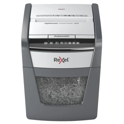 Imagen de Rexel 2020050X Destructora Personal/Home Office Optimum AutoFeed 50X, Corte en Partículas, Destruye 50 Hojas a la Vez, Papelera de 20L, Ideal para Uso Doméstico, Destrucción Alta Seguridad P4