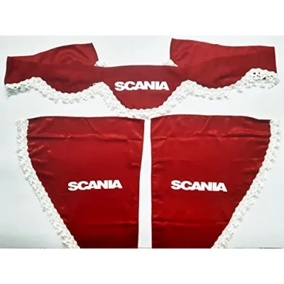 Imagen de Set de 3 cortinas decorativas peluche con pompones blancos para camiones Scania R S P L (rojo)