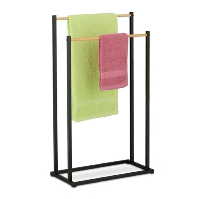 Imagen de Relaxdays Toallero de Pie con 2 Barras en Escalera, Soporte Toallas Ducha o Mano, Hierro, 76x45x21,5cm, Negro/Natural