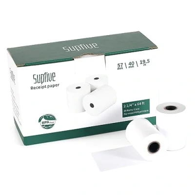 Imagen de Supfive papel Termico Datafono 57x40mm (20 rollos) Rollo térmico 19.5m para todos los TPV y máquinas de tarjetas Crédito Sin BPA (50) (20)