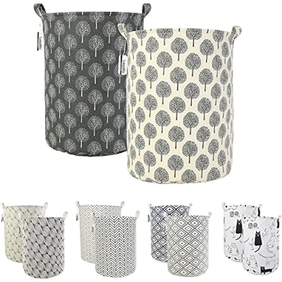 Imagen de LessMo 2 cestas de lavandería clasificadoras, plegables, para la colada, lino algodón, redondas e impermeables