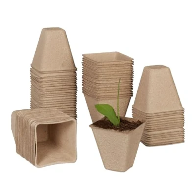 Imagen de Relaxdays Set 80 Semilleros, Biodegradables, Macetas Semillas Cuadradas, Planteros Papel, 8x8x8cm, Germinadores, Natural