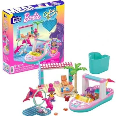 Imagen de MEGA Construx Barbie color Reveal Aventura con delfines Bloques de construcción muñecas que revelan su en el agua, 122 piezas, juguete +5 años (Mattel HHW83)