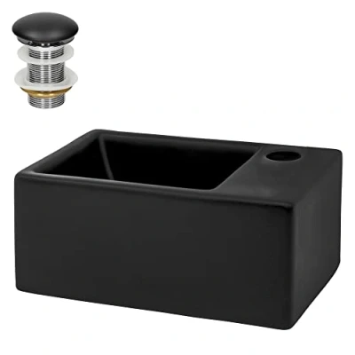 Imagen de ML Design Lavabo Sobre Encimera, 35,5x20,5x12,5cm, Cerámica, Pila Tapón Común sin Rebosadero, Diseño Rectangular, Lavadero Negro Mate, Lavamanos Sobremesa Sanitario Baño o Aseo, Moderno y Elegante