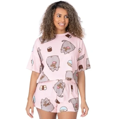 Imagen de Pusheen Pijama de Mujer The Cat Camiseta Recortada para Mujeres Adultas con Pantalones Cortos pjs Pastel Pink Cartoon Eating Sushi Mercancía Personajes