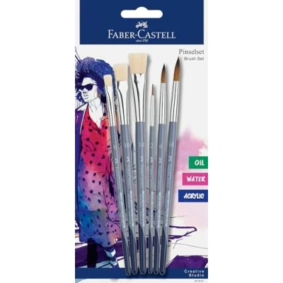 Imagen de FABER CASTELL 282891 Juego de 6 Pinceles con Redondos y Planos, para acrílico, Acuarela Pintura al óleo