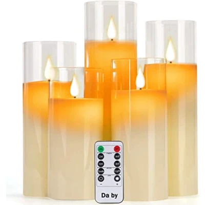 Imagen de Da by Velas LED con Efecto de Vidrio (13cm/14cm/16cm/18cm/ 20cm) Conjunto 5 pilares Baile realistas y Control Remoto 10 Teclas función Temporizador 24 Horas