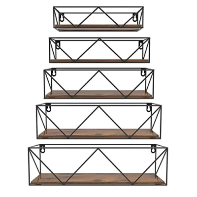 Imagen de HORLIMER Juego de 5 Estanteria Pared con Varillas Metálicas Negro y Tablero Madera Marrón, Rustic Baldas para Baño, Entrada Recibidor, Cocina, Salon, Oficina