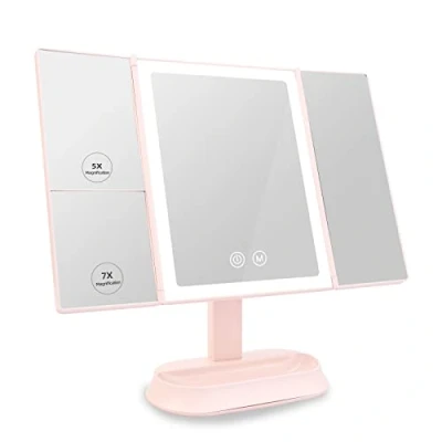 Imagen de EMKE Espejo de Maquillaje con Luces LED, Triple aumentos 1x/5x/7x, Mesa portátil Pantalla táctil, 3 Efectos iluminación, Recargable por USB, Color Rosa