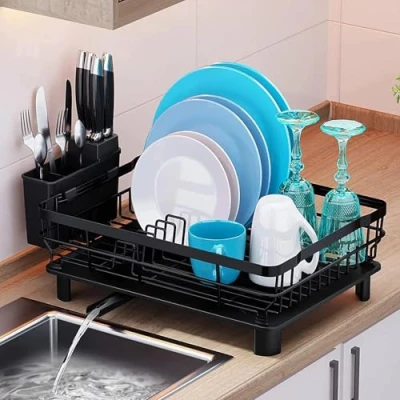 Imagen de JUPPLIES Escurreplatos con Soporte para Utensilios Extraíble, Portavasos y Estante de Secado Gran Capacidad Escurridor Platos Boquilla Drenaje Automático 15,5x41,5x31cm Negro