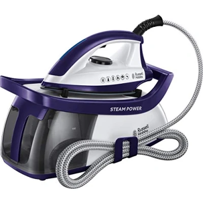 Imagen de Russell Hobbs Centro de Planchado Steam Power 2600W, Suela Cerámica, Presión 4,5 Bares, Depósito 1,3L, Antical, Golpe Vapor 130 g, Recogecable, Indicador Luminoso, Blanco y Morado 24440 56