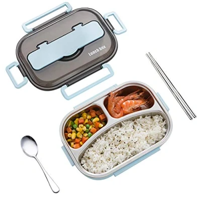 Imagen de amropi Acero Inoxidable Fiambrera Contenedores de Alimentos Apta para lavavajillas Bento Comida Caja Almuerzo con Cuchara(Azul,3 compartimentos)