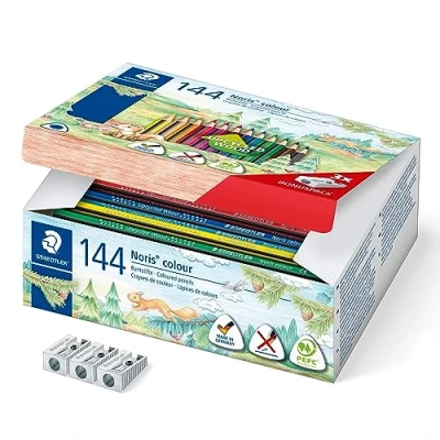 Imagen de Staedtler lápices de colores Noris Colour, formato triangular ergonómico, superficie suave antideslizante, alta resistencia a la rotura, material WOPEX, 144 en 12 y 3