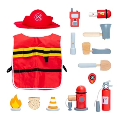 Imagen de UMU® Juego de Bombero Madera para niños con Disfraz Que Incl. Gorra, extintor Incendios, Radio, etc., imitación Bombero, Juguete 14 pzas. 3, 4, 5 años
