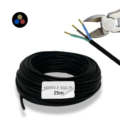 Imagen de HALOTEC 25 metros Cable electrico 3 hilos 3x0.75 para Extensiones H03VV F Instalación corriente PVC Negro Manguera Redonda tres