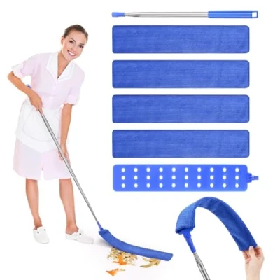 Imagen de Bixury Plumeros para el Polvo Limpiador de RetráCtil 2,5 m Plumero Extensible Acero Inoxidable Telescópico con 4 Capuchas Repuesto Debajo del Sofá Armarios Cama Piso(Azul)