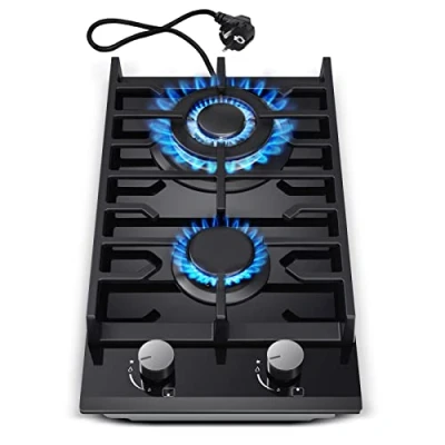 Imagen de TopStrong Placa de Gas 2 Fuegos, Cocina Butano Vidrio Negro, 30 cm Empotrable, Encimera con Protección Contra Llama, Natural/Propano, 5200 Watt