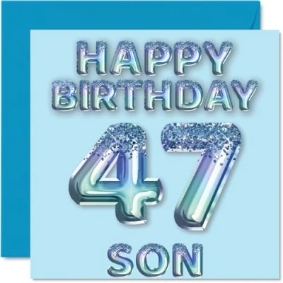 Imagen de Tarjeta de cumpleaños número 47 para hijo, globos fiesta con purpurina azul, tarjetas feliz hijo años parte mamá, papá, padres, felicitación