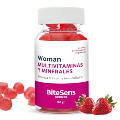 Imagen de BITESENS Gominolas Multivitaminas Mujer Adulta para Cansancio y Sistema Inmunitario. C, D, B12, B6, E, A, Biotina, Zinc, Yodo. 60 Gummies 180 G