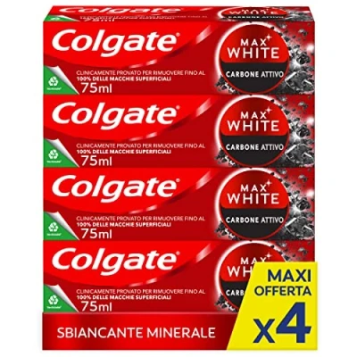 Imagen de Colgate Max White con Carbón Activado Pasta de Dientes Blanqueadora, Pack 4x75ml, Clínicamente Comprobada que Elimina hasta el 100% las Manchas Superficiales, Ingredientes Origen Natural