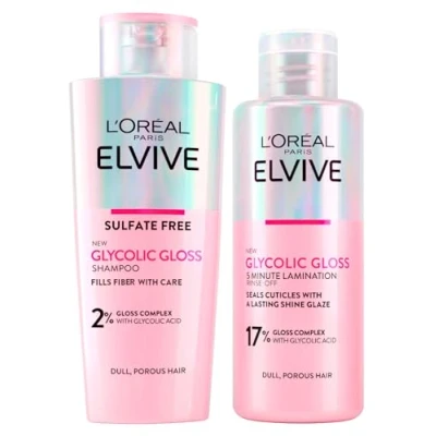 Imagen de L&#039;Oréal Paris Elvive Glycolic Gloss Champú Pelo con Ácido Glicólico para Cabellos Porosos y Deslustrados 200ml + Tratamiento Laminador 5 Minutos Sella Cutículas Brillo Intenso 2 Frascos