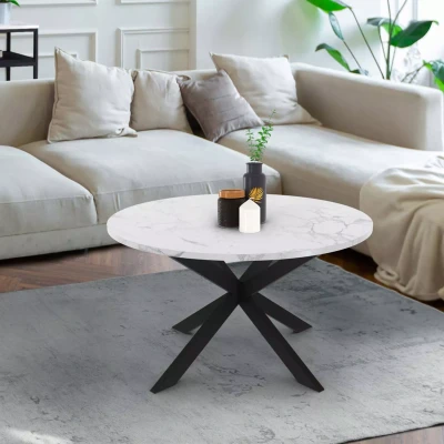 Imagen de Mesa de centro redonda con tablero efecto mármol blanco