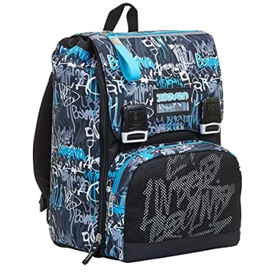 Imagen de Mochila plegable Seven, manuscrita, turquesa, doble compartimento, para escuela y viajes