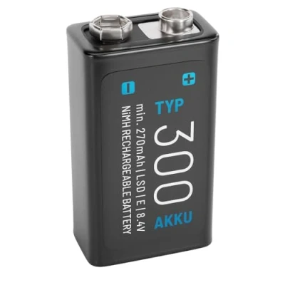 Imagen de ABSINA 1x Pilas 9V Recargables 300 con Baja Autodescarga Pila de Bloque NiMH 8,4V y al Menos 270mAh Recargable, Battery, bateria 9V, 6LR61, Recargable 6F22