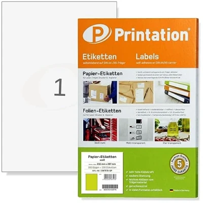 Imagen de Printation 100 Etiquetas adhesivas A4 210 x 297 mm Compatibles con Apli 1281, Avery Zweckform Hojas papel Adhesivo 210x297 1x1 pegatinas blancas autoadhesivo para imprimir
