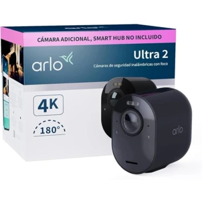 Imagen de Arlo Ultra 2 Camara de Vigilancia WiFi Exterior 4K, Interior, Sensor Movimiento, Alarmas Para Casa, Requiere Smart Hub Que Se Vende Por Separado, Cámara Adicional, Negra