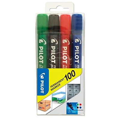 Imagen de PILOT Permanent Marker 100 mit Rundspitze, 4er Set (Blau, Schwarz, Rot, Grün)