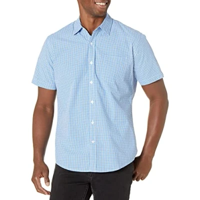 Imagen de Amazon Essentials Camisa de Popelín Manga Corta Ajuste Normal Hombre, Azul Guinga, XL