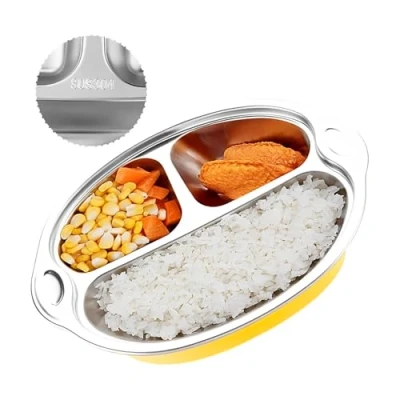 Imagen de Guador Platos de Silicona Cuenco para Bebé Plato Destete con Ventosa Bandeja Acero Inoxidable Antideslizante Sin BPA