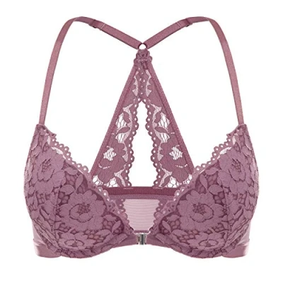 Imagen de DOBREVA Sujetador Push Up de Encaje y Cierre Delantero para Mujer Acolchado con Aros Rosa orquídea 85B