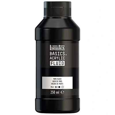 Imagen de Liquitex Basics Fluid Pintura acrílica de consistencia fluida, secado rápido, resistente a la luz, impermeable, acabado satinado permanente, bote 250 ml, negro marte